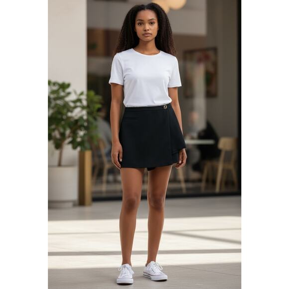 Alexis Wrap Short Skirt 100% Cotton Size M Gold Metal Button Back Pockets - Picture 1 of 12